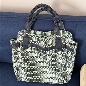 Geometric Lime Green and Navy Tote with Braided Handles